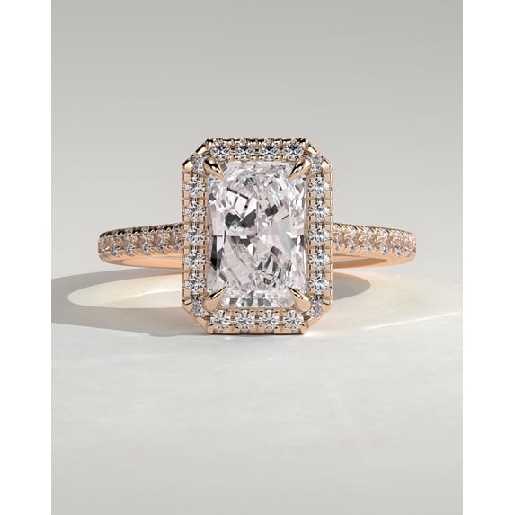 CAPRICARATS 3.00Ct Radiant Lab Grown Diamond Halo Engagement Ring, Pave Cathedral, 10K Rose Gold