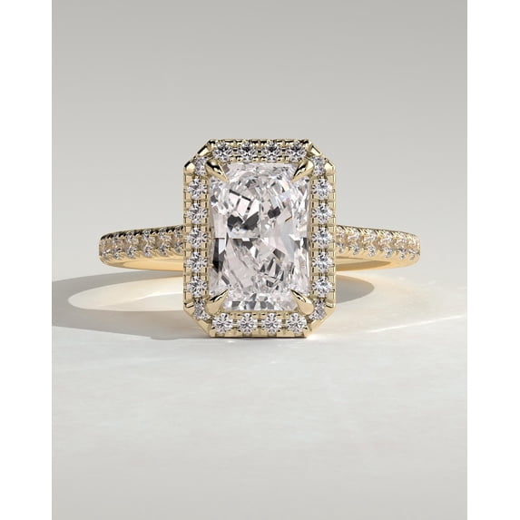 CAPRICARATS 3.00Ct Radiant Lab Grown Diamond Halo Engagement Ring, Pave Cathedral, 10K Yellow Gold