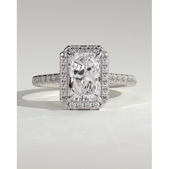 CAPRICARATS 3.00Ct Radiant Lab Grown Diamond Halo Engagement Ring, Pave Cathedral, 18K White Gold