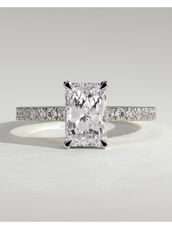 3.00Ct Radiant Moissanite Engagement Ring, Hidden Halo Pave Band, 14K White Gold
