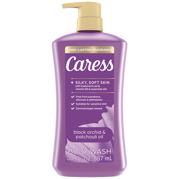 Caress Black Orchid & Patchouli Oil Moisturizing Body Wash, Body Soap with Hyaluronic Acid & Vitamin B3, 30 fl oz