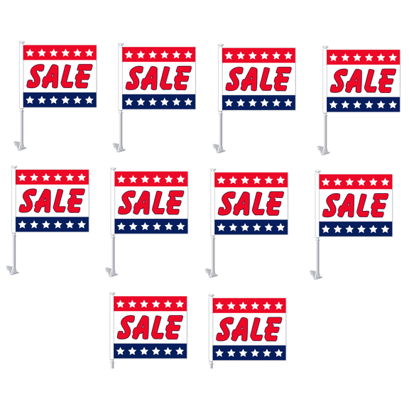 CAR DEALER SUPPLIES 10pc Pack Car Window Clip On Flags Sale patriotic R/W/B STAR