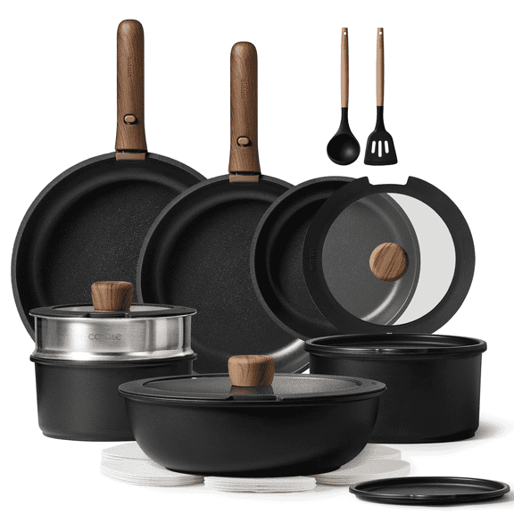Carote 21 Pcs Nonstick Cookware Set, Pots and Pans Set with Detachable Handles, Oven/Dishwasher Safe, Stackable Kitchen Cooking Set, Black Granite.