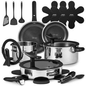 Carote 21-Piece Stainless Steel Cookware Set with Detachable Handle, Ceramic Hybrid Non-Stick, Easy Stacking, Stand-up Lid, Oven/Dishwasher Safe, Black