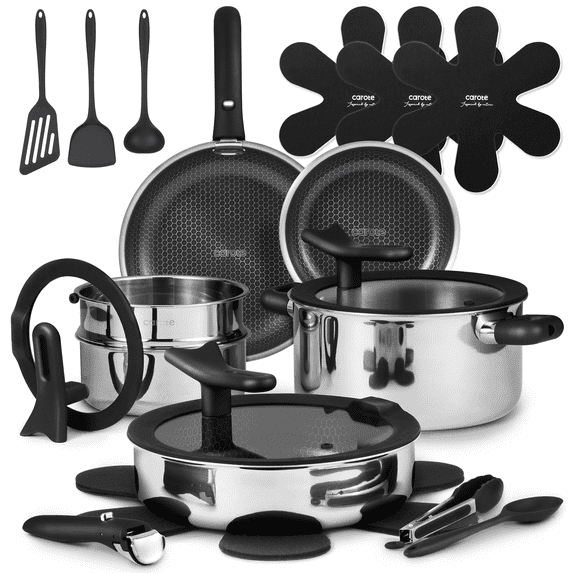 Carote 21-Piece Stainless Steel Cookware Set with Detachable Handle, Ceramic Hybrid Non-Stick, Easy Stacking, Stand-up Lid, Oven/Dishwasher Safe, Black