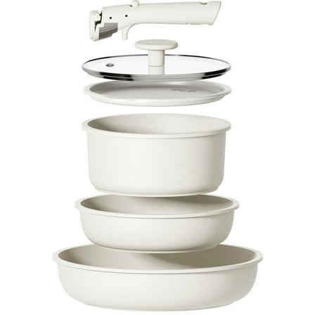 Carote Nonstick Detachable Pots and Pans Set, 6 Pieces Induction Cookware Set, Oven/Dishwasher Safe, Easy for Storage, White Granite