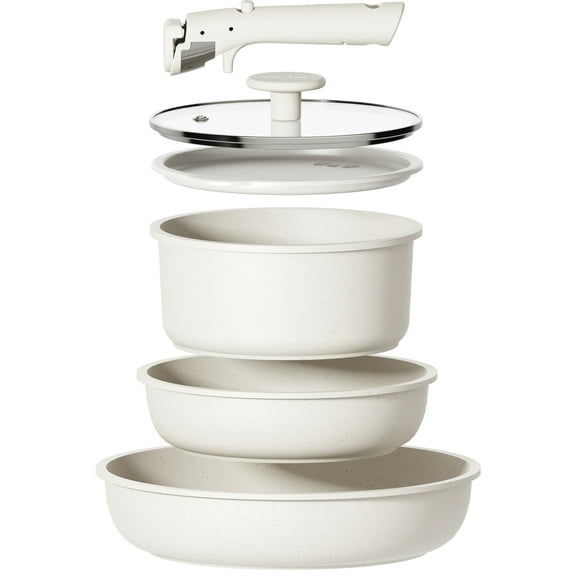 Carote Nonstick Detachable Pots and Pans Set, 6 Pieces Induction Cookware Set, Oven/Dishwasher Safe, Easy for Storage, White Granite