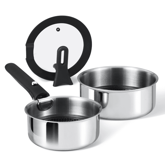 Carote 4-Piece Stainless Steel Saucepan Set with Detachable Handle, Ceramic Hybrid Non-Stick, Easy Stacking, Stand-up Lid, Oven/Dishwasher Safe, Black
