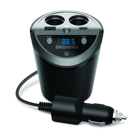 CAR AND DRIVER Smart FM Transmitter Bluetooth Cup Holder with Alexa, Google, Siri Assistant for Car with Dual Ports USB A and USB-C PD Fast Charging Ports & Dual Cigarette Lighter 12V Power Sockets