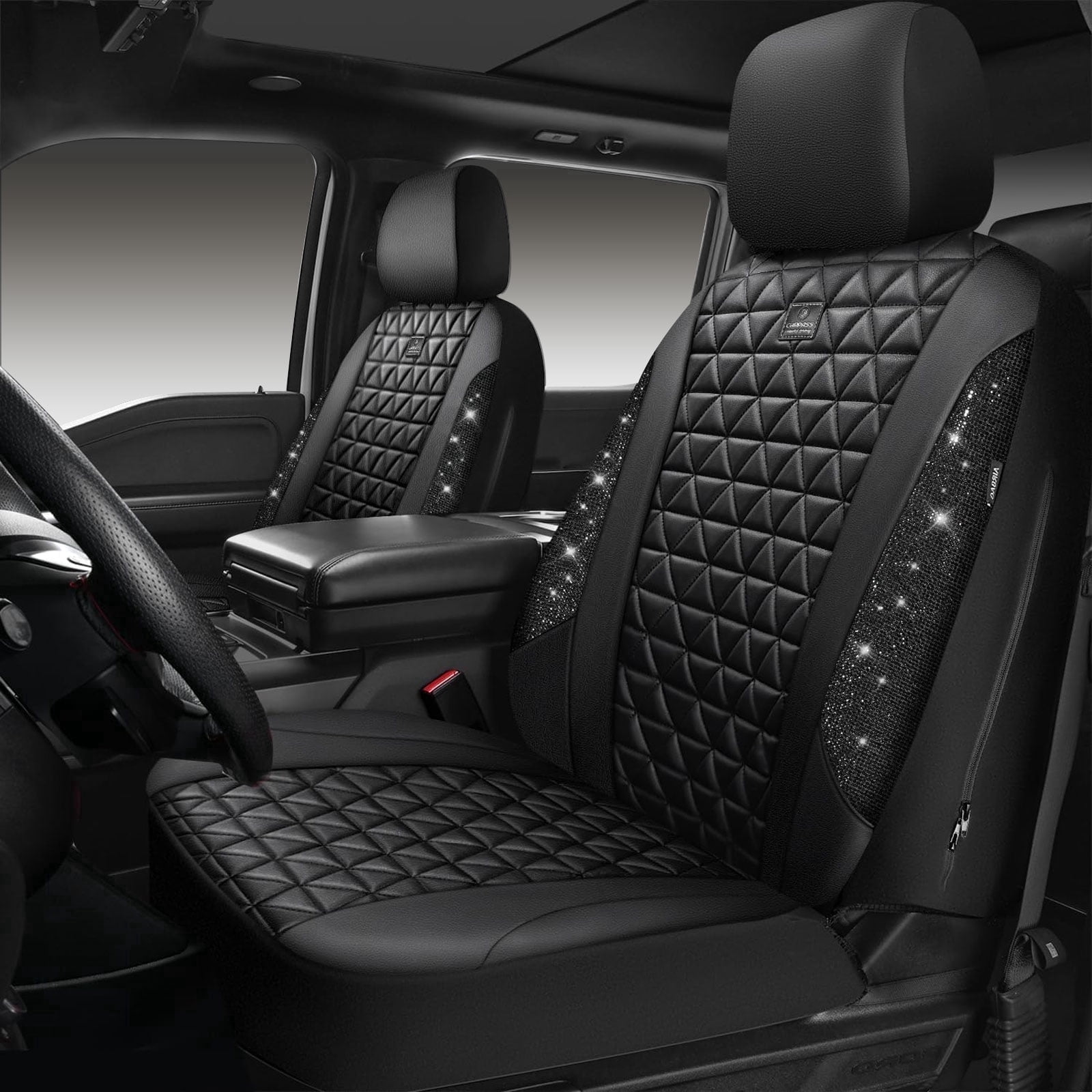 CAR GRAND Bling diamond leather automotive seat covers front pair water proof shining glitter sparkly crystal rhinestone universal armrest fit girl woman lady black