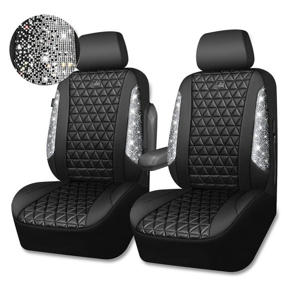 CAR GRAND Bling diamond leather automotive seat covers front pair water proof shining glitter sparkly crystal rhinestone universal armrest fit girl woman lady silver