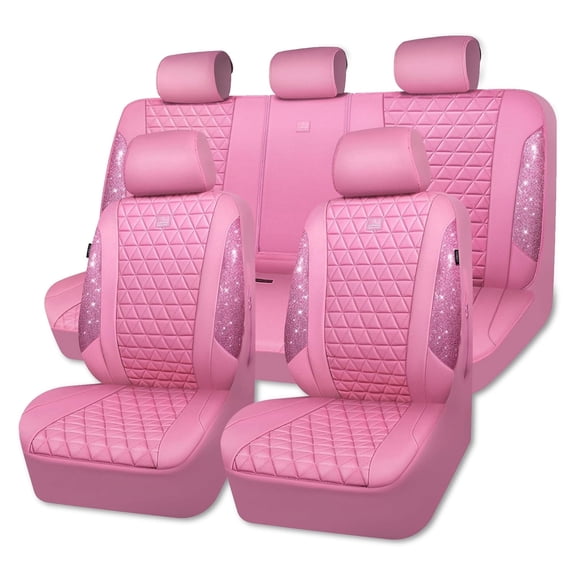 CAR GRAND Bling diamond leather automotive seat covers full set water proof shining glitter sparkly crystal rhinestone universal armrest fit girl woman lady pink