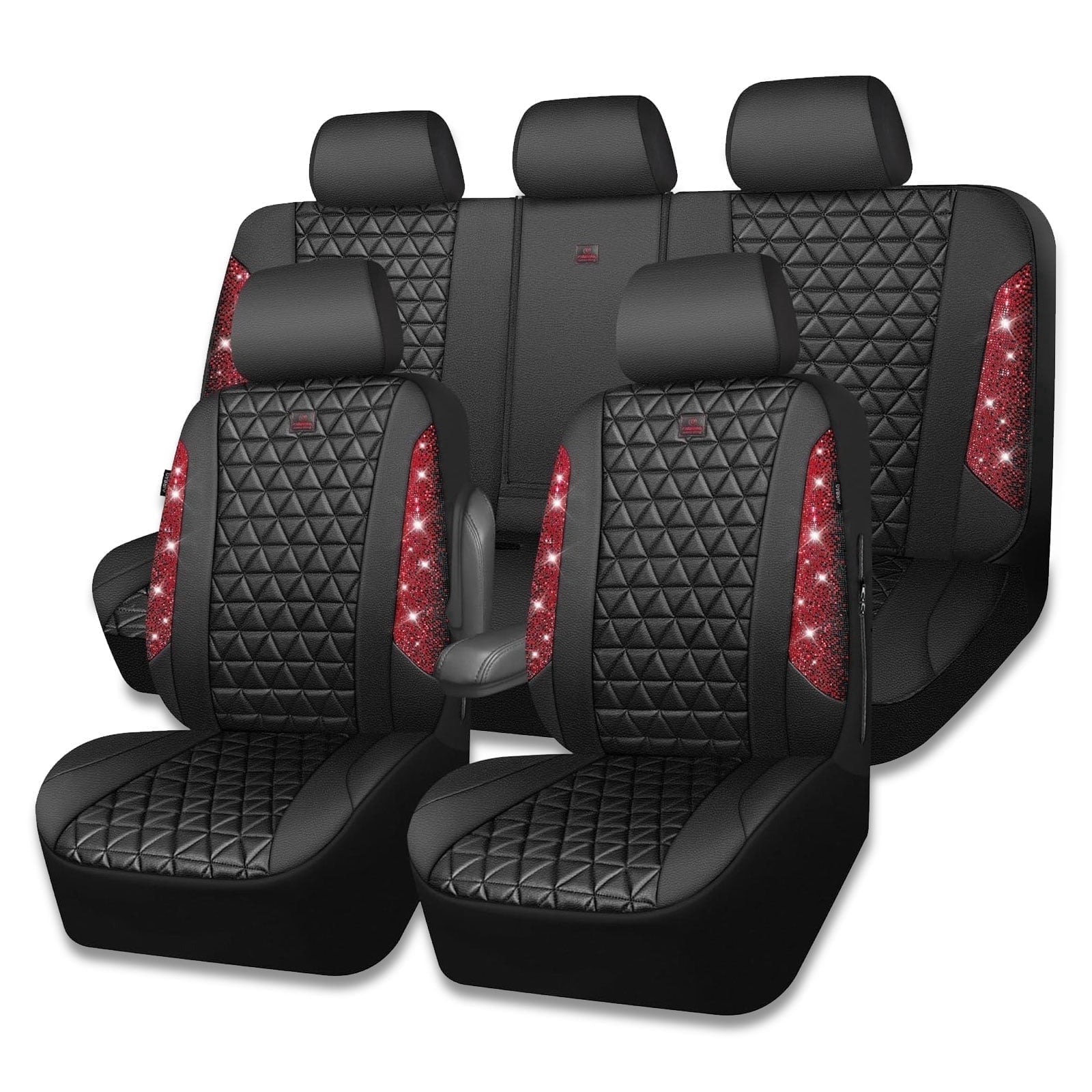 CAR GRAND Bling diamond leather automotive seat covers full set water proof shining glitter sparkly crystal rhinestone universal armrest fit girl woman lady red