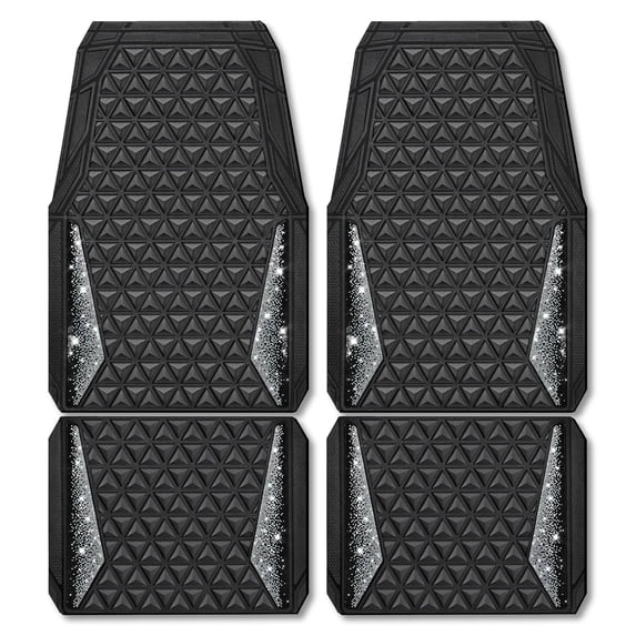 CAR GRAND Bling Diamond Rubber Automotive Floor Mats Full Set Anti-slip Water Proof Universal Fit Glitter Crystal Sparkly Shining Rhinestone Girl Woman Lady Femal Black Silver