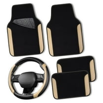 CAR GRAND Faux Leather Car Steering Wheel Cover Combo Pack Car Floor Mats, Universal Fit Waterproof Anti-slip Carpet 14.5-15 Inches Beige & Black