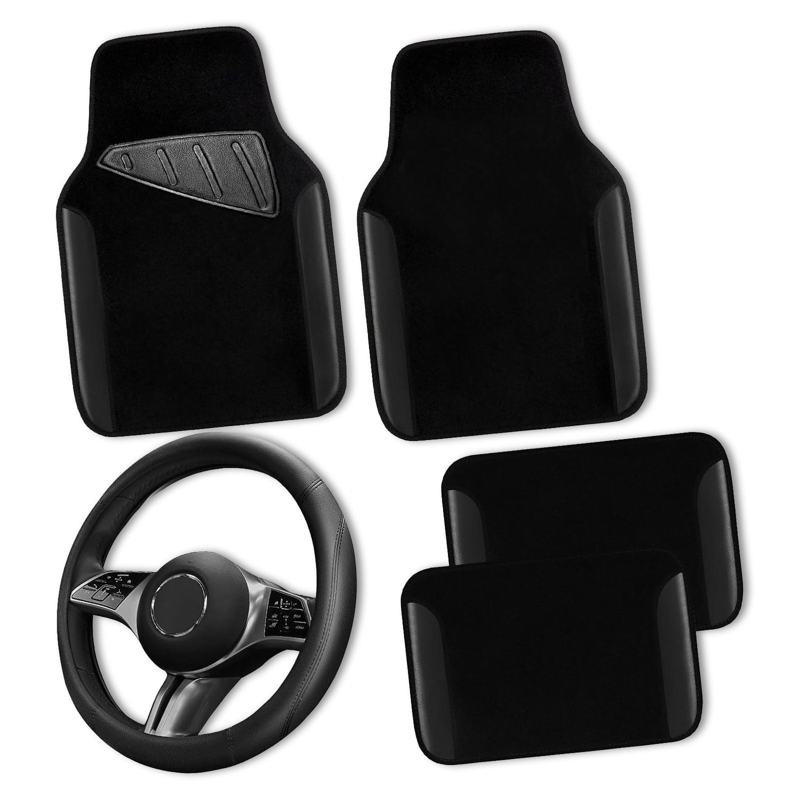 CAR GRAND Faux Leather Car Steering Wheel Cover Combo Pack Car Floor Mats, Universal Fit Waterproof Anti-slip Carpet 14.5-15 Inches Black & Black