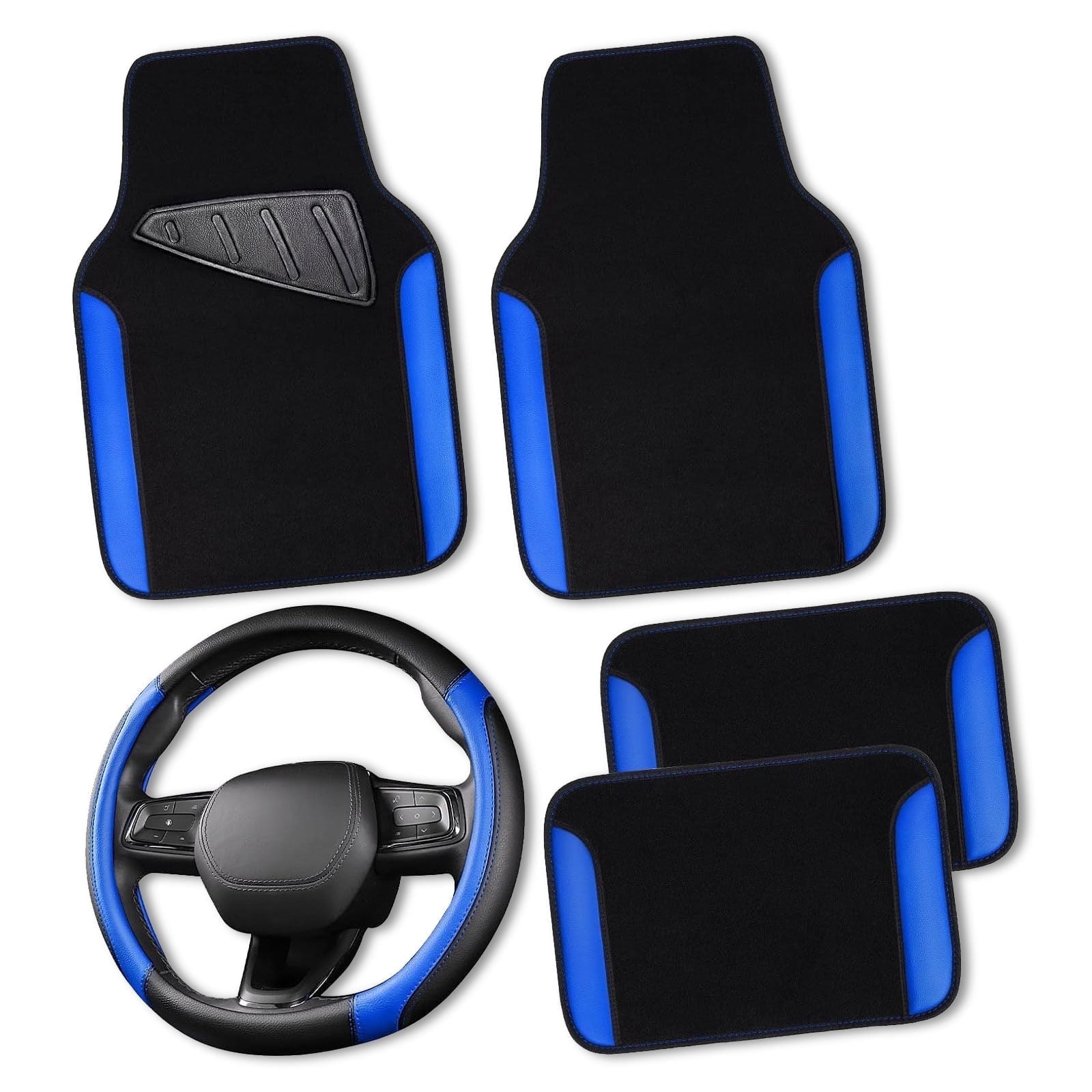 CAR GRAND Faux Leather Car Steering Wheel Cover Combo Pack Car Floor Mats, Universal Fit Waterproof Anti-slip Carpet 14.5-15 Inches Blue & Black