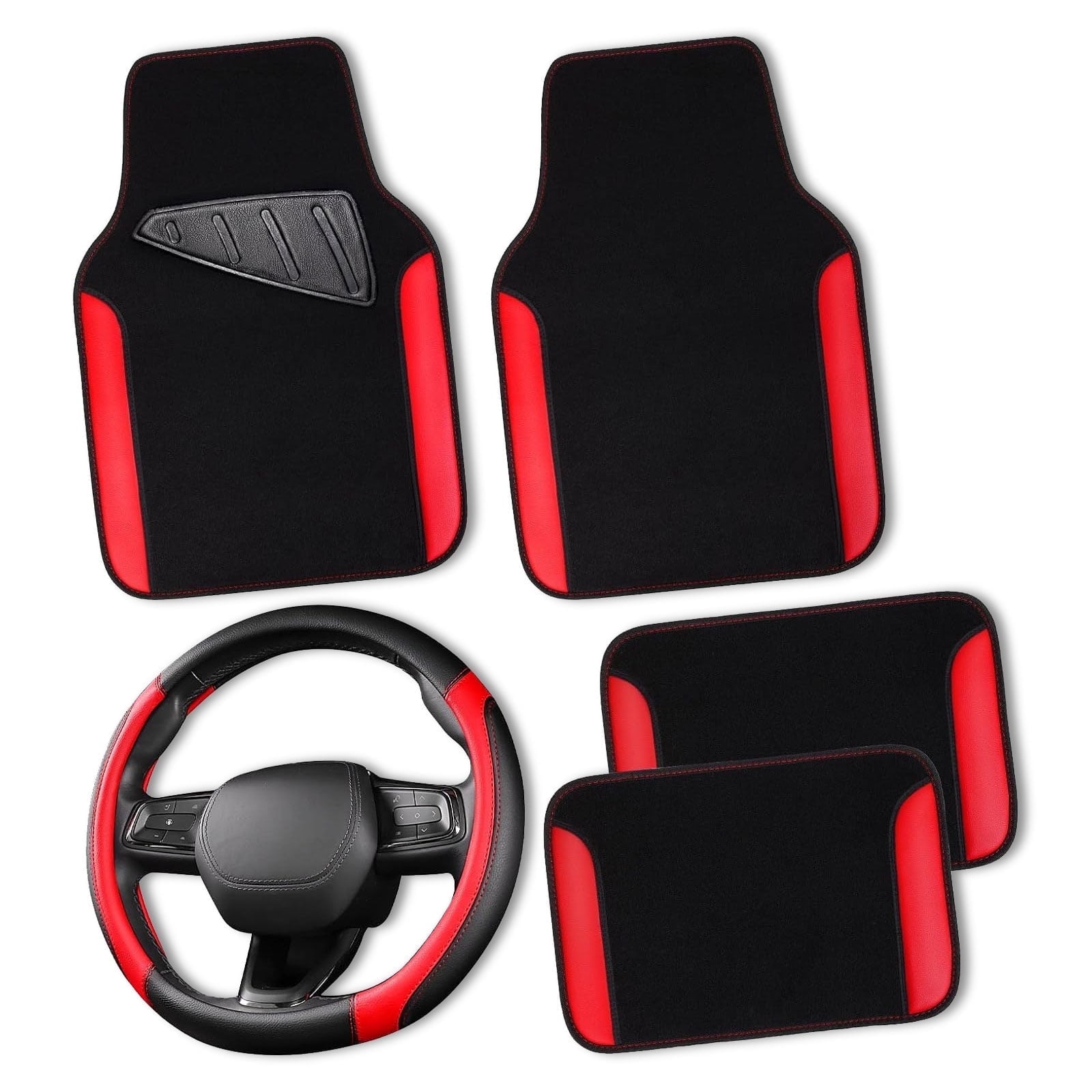 CAR GRAND Faux Leathercar Steering Wheel Cover Combo Pack Car Floor Mats, Universal Fit Waterproof Anti-slip Carpet 14.5-15 Inches Red & Black