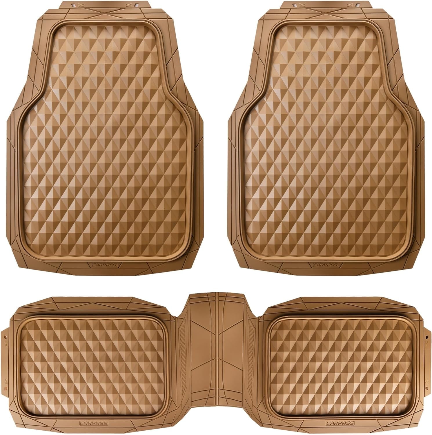 CAR GRAND Heavy Duty Rubber Car Mats, Deep Dish All-Weather Floor Mat for Car Full Set Durable Anti-Slip 3D Rhombus Waterproof Trim Liner Universal Fit Automotive,Sedan,SUV,Truck, 3 Piece Beige