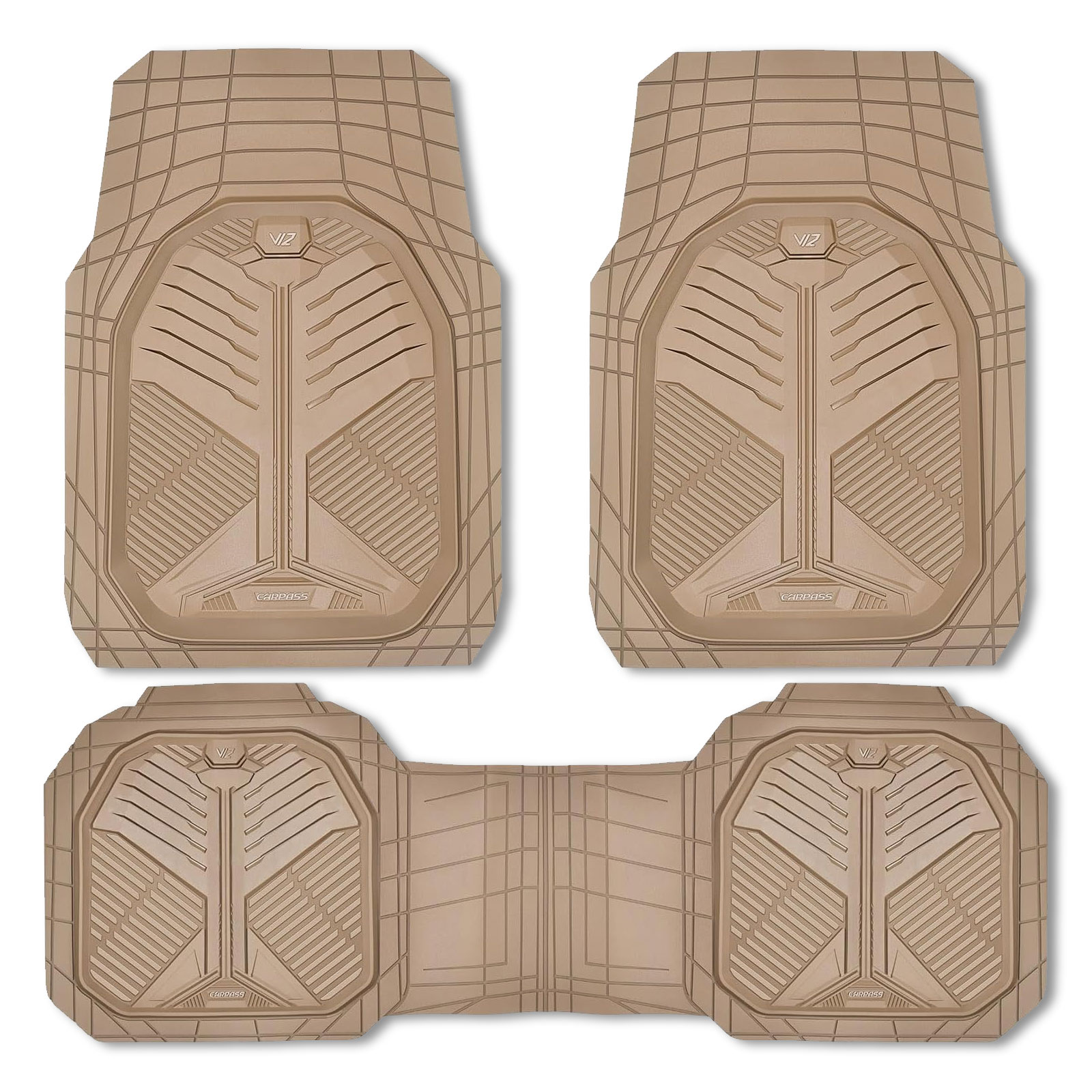 CAR GRAND Heavy duty rubble car floor mats full set deep dish water proof anti slip all weather truck mats universal fit trim-to-fit trimmable all beige