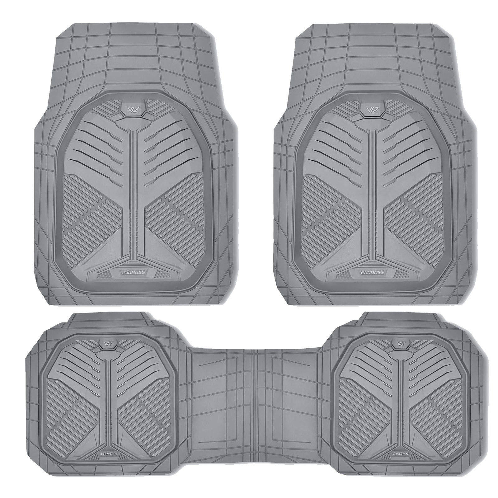 CAR GRAND Heavy duty rubble car floor mats full set deep dish water proof anti slip all weather truck mats universal fit trim-to-fit trimmable all gray