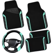 CAR GRAND Leather Steering Wheel Cover and Waterproof Car Floor Mats,Microfiber Universal Car Combo Fit for 95% Sedan,SUV,Cars,14.5-15inch Sporty Anti-Slip Safe