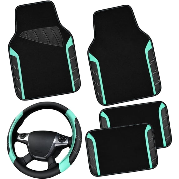 CAR GRAND Leather Steering Wheel Cover and Waterproof Car Floor Mats,Microfiber Universal Car Combo Fit for 95% Sedan,SUV,Cars,14.5-15inch Sporty Anti-Slip Safety Comfortable Design(Black&Mint)