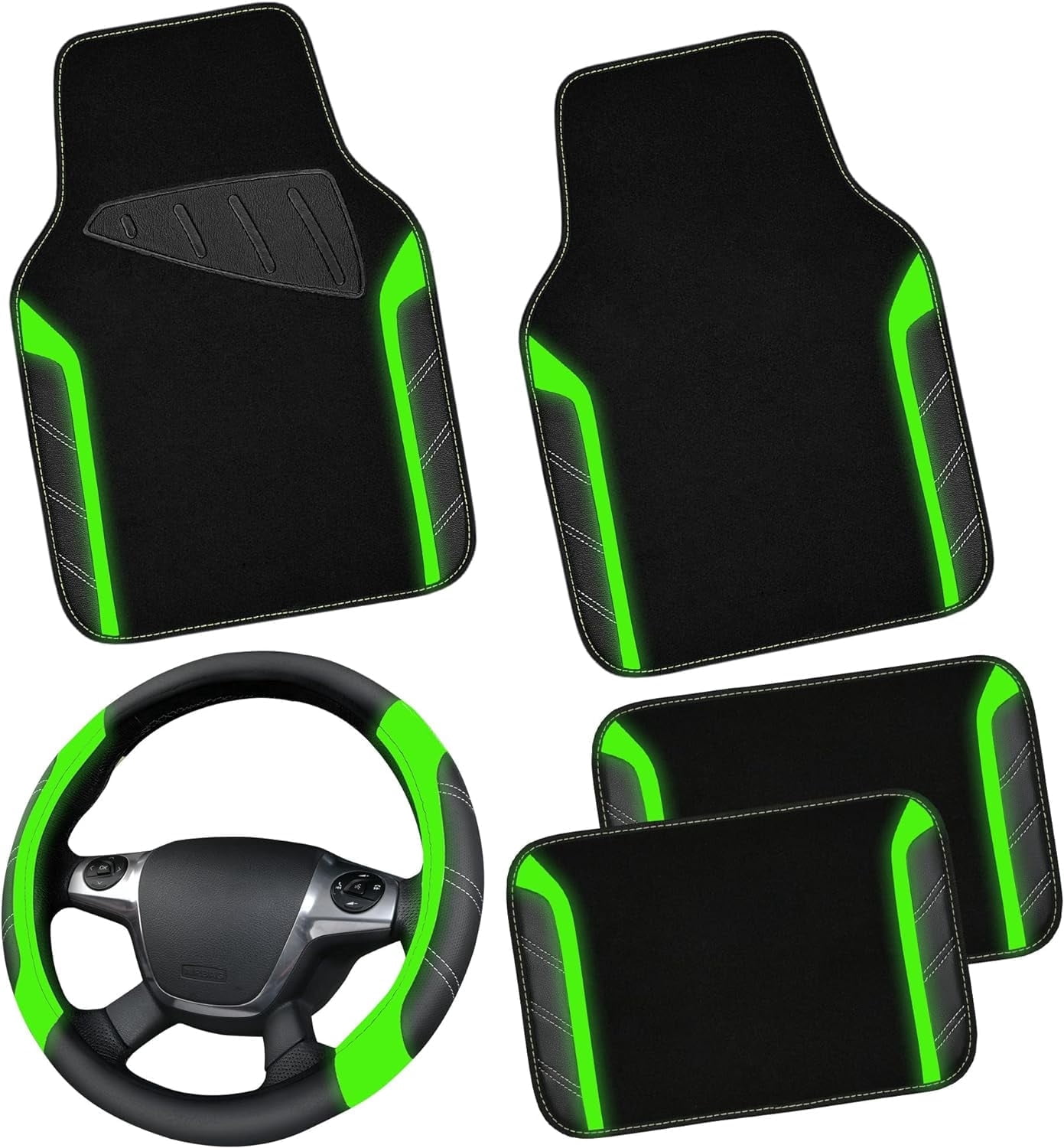 CAR GRAND Leather Steering Wheel Cover and Waterproof Car Floor Mats,Microfiber Universal Car Combo Fit for Sedan,SUV,Cars,14.5-15inch Sporty Anti-Slip Comfortable Design(Black＆Fluorescence Green)