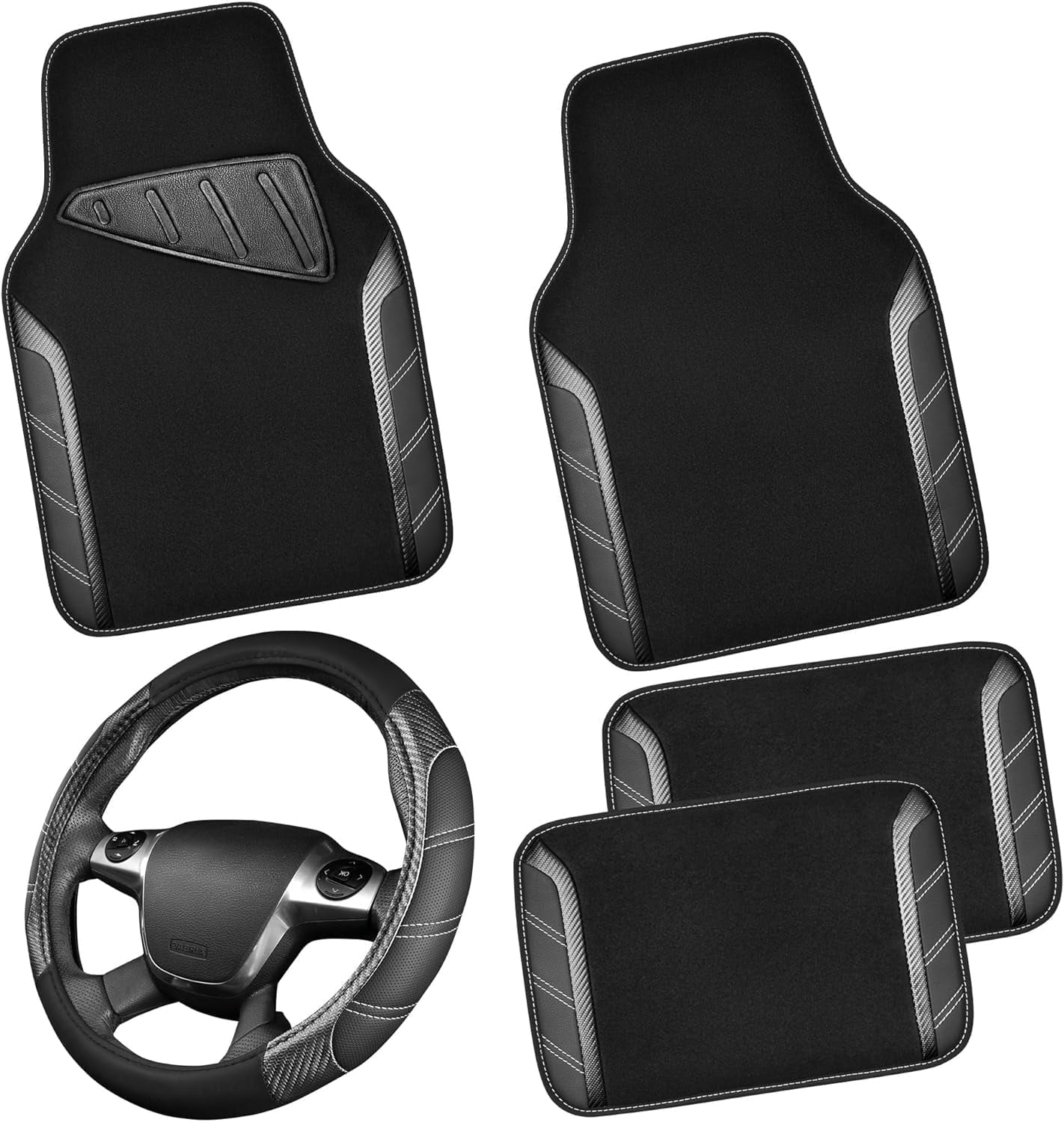 CAR GRAND Leather Steering Wheel Cover and Waterproof Car Floor Mats,Microfiber Universal Car Combo Fit Sedan,SUV,Cars,14.5-15inch Sporty Anti-Slip Safety Comfortable Design(Carbon Fiber Black)