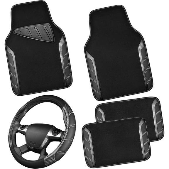 CAR GRAND Leather Steering Wheel Cover and Waterproof Car Floor Mats,Microfiber Universal Car Combo Fit Sedan,SUV,Cars,14.5-15inch Sporty Anti-Slip Safety Comfortable Design(Carbon Fiber Black)