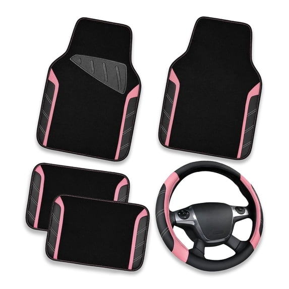 CAR GRAND Leather Steering Wheel Cover and Waterproof Carpet Car Floor Mats,Universal Fit Combo Pack Sedan,SUV,Cars, 14.5" to 15" Sporty Anti-Slip Pink