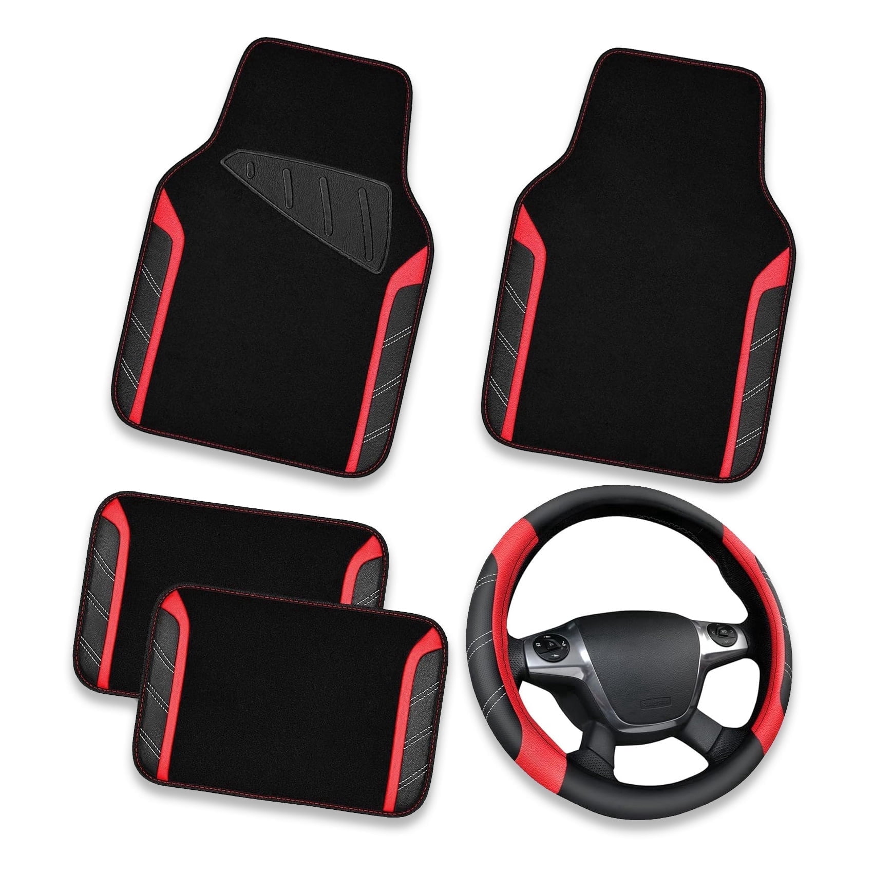 CAR GRAND Leather Steering Wheel Cover and Waterproof Carpet Car Floor Mats,Universal Fit Combo Pack Sedan,SUV,Cars, 14.5" to 15" Sporty Anti-Slip Red