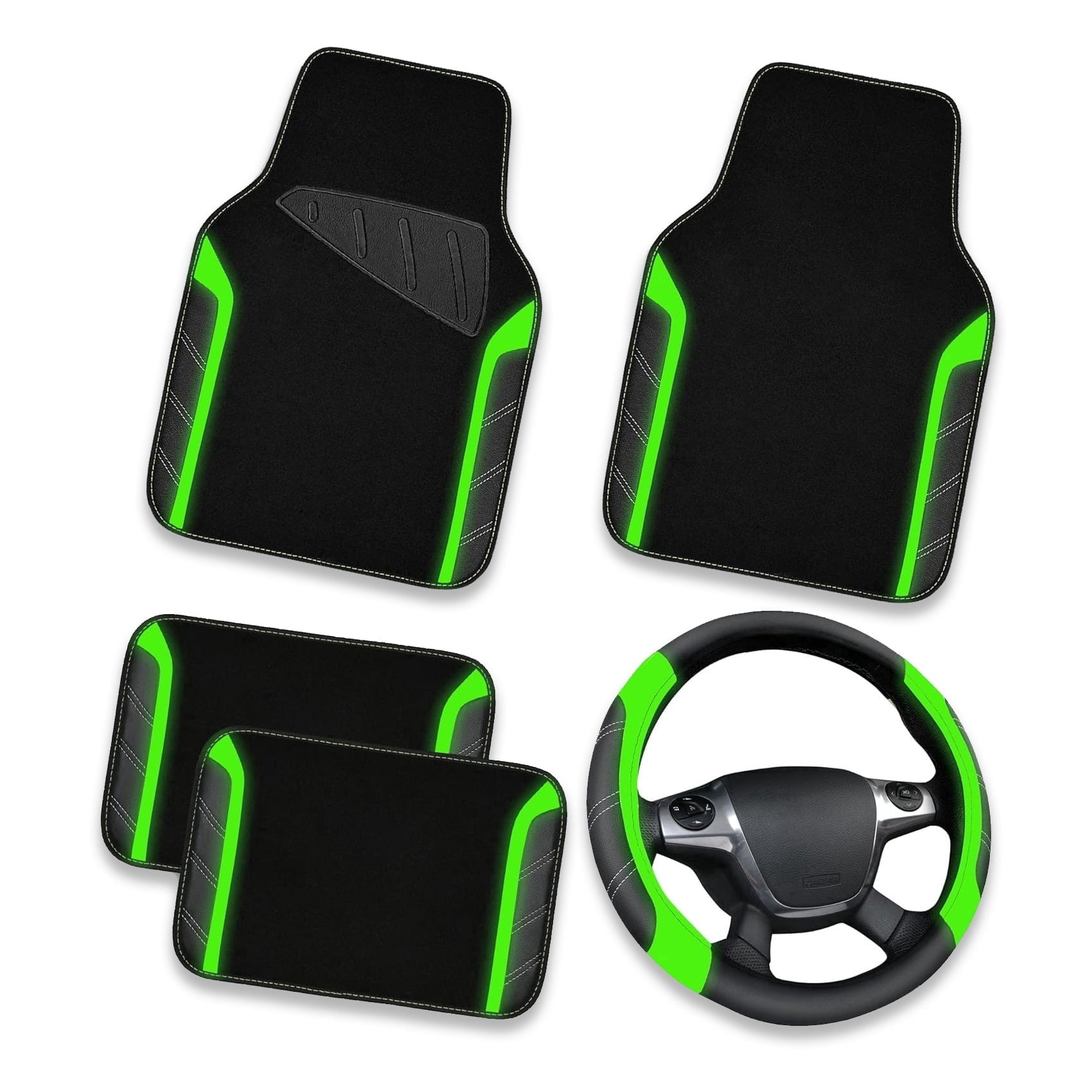 CAR GRAND Leather Steering Wheel Cover and Waterproof Carpet Car Floor Mats,Universal Fit Combo Pack Sedan,SUV,Cars, 14.5" to 15" Sporty Anti-Slip Fluoresence  Green