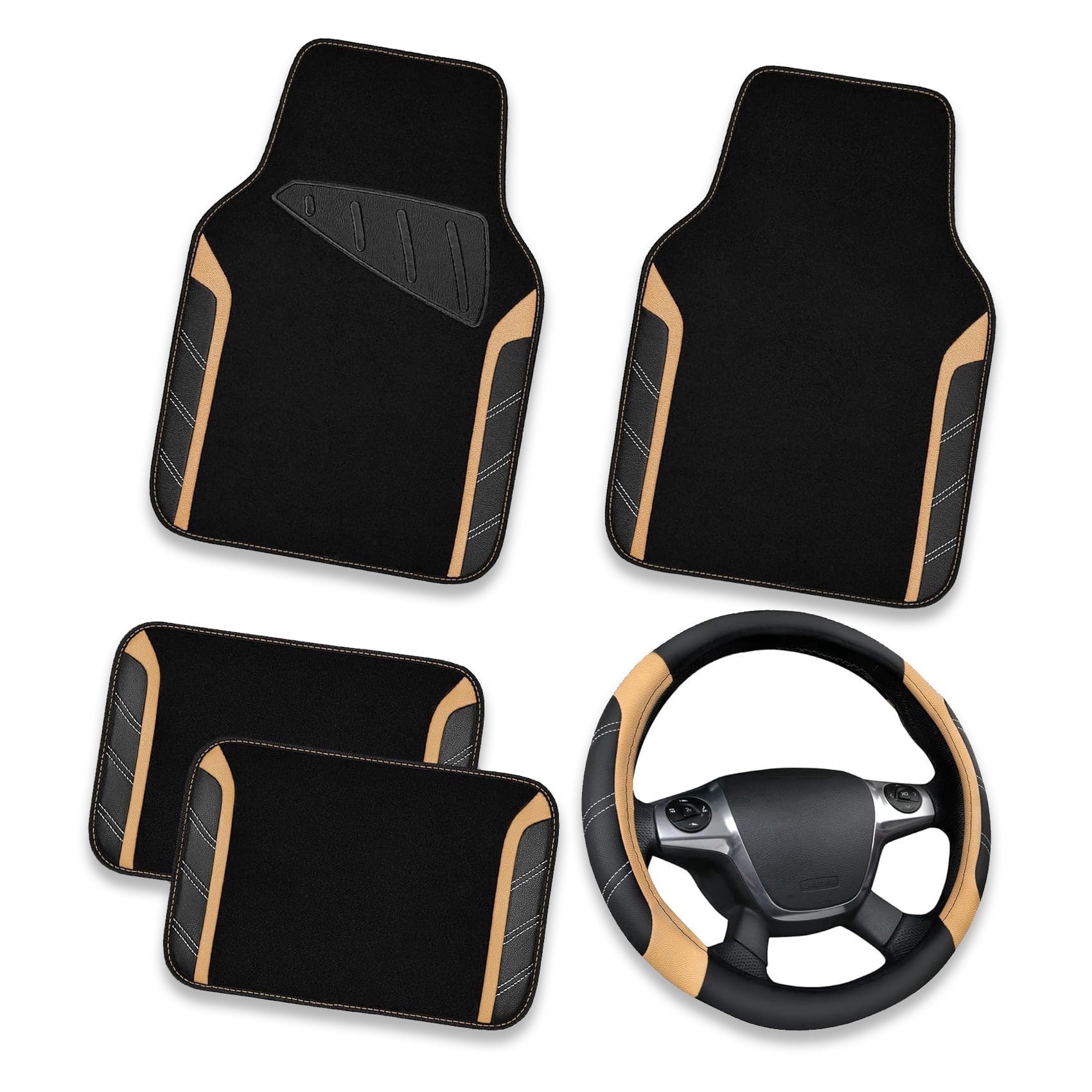 CAR GRAND Leather Steering Wheel Cover and Waterproof Carpet Car Floor Mats,Universal Fit Combo Pack Sedan,SUV,Cars, 14.5" to 15" Sporty Anti-Slip Beige