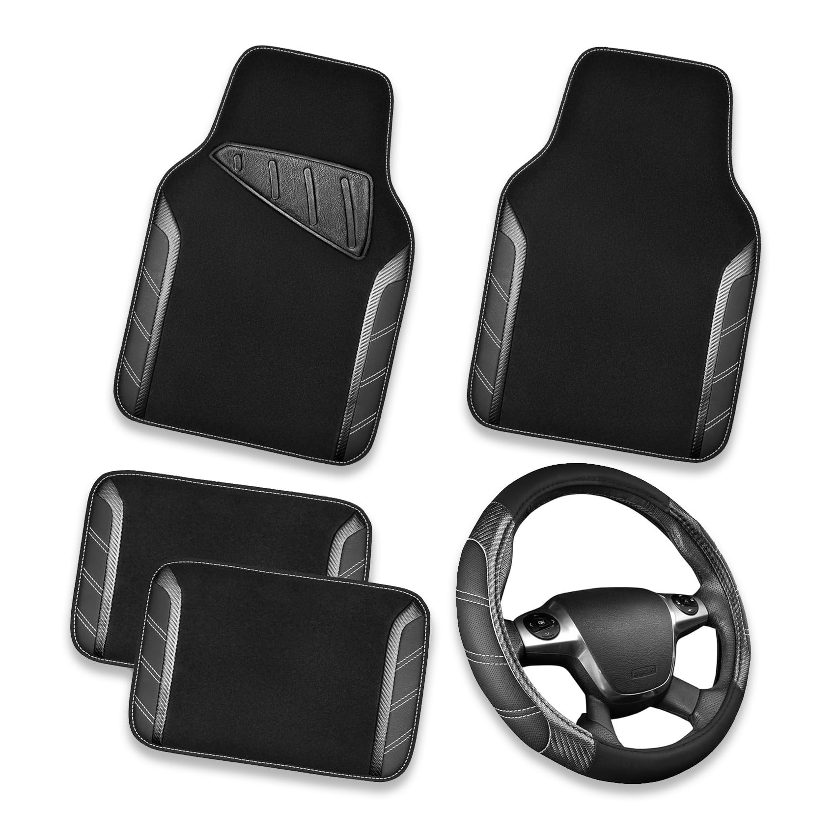 CAR GRAND Leather Steering Wheel Cover and Waterproof Carpet Car Floor Mats,Universal Fit Combo Pack Sedan,SUV,Cars, 14.5" to 15" Sporty Anti-Slip Black