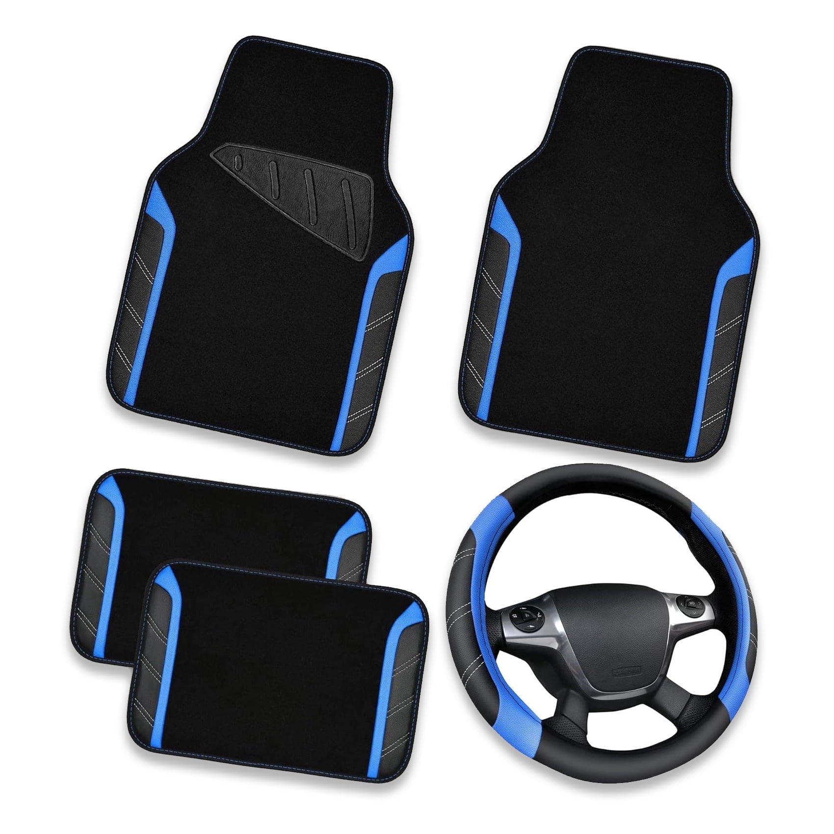 CAR GRAND Leather Steering Wheel Cover and Waterproof Carpet Car Floor Mats,Universal Fit Combo Pack Sedan,SUV,Cars,14.5-15inch Sporty Anti-Slip Safety Blue