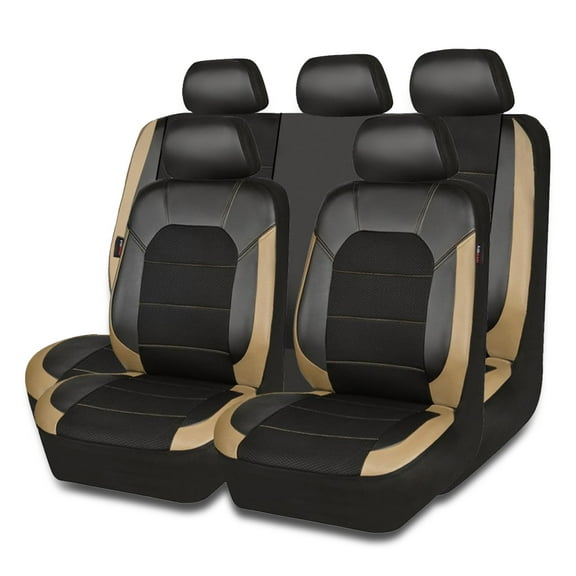 CAR GRAND Leather car seat covers full set air mesh breathable universal fit airbag compatible car, SUV, truck and van Beige