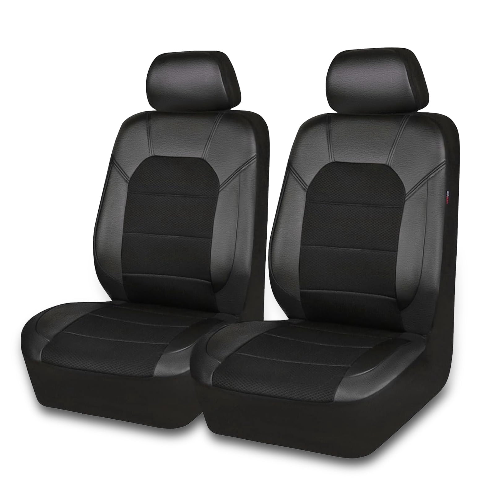 CAR GRAND Leather car seat covers front pair air mesh breathable universal fit airbag compatible car, SUV, truck and van, all black