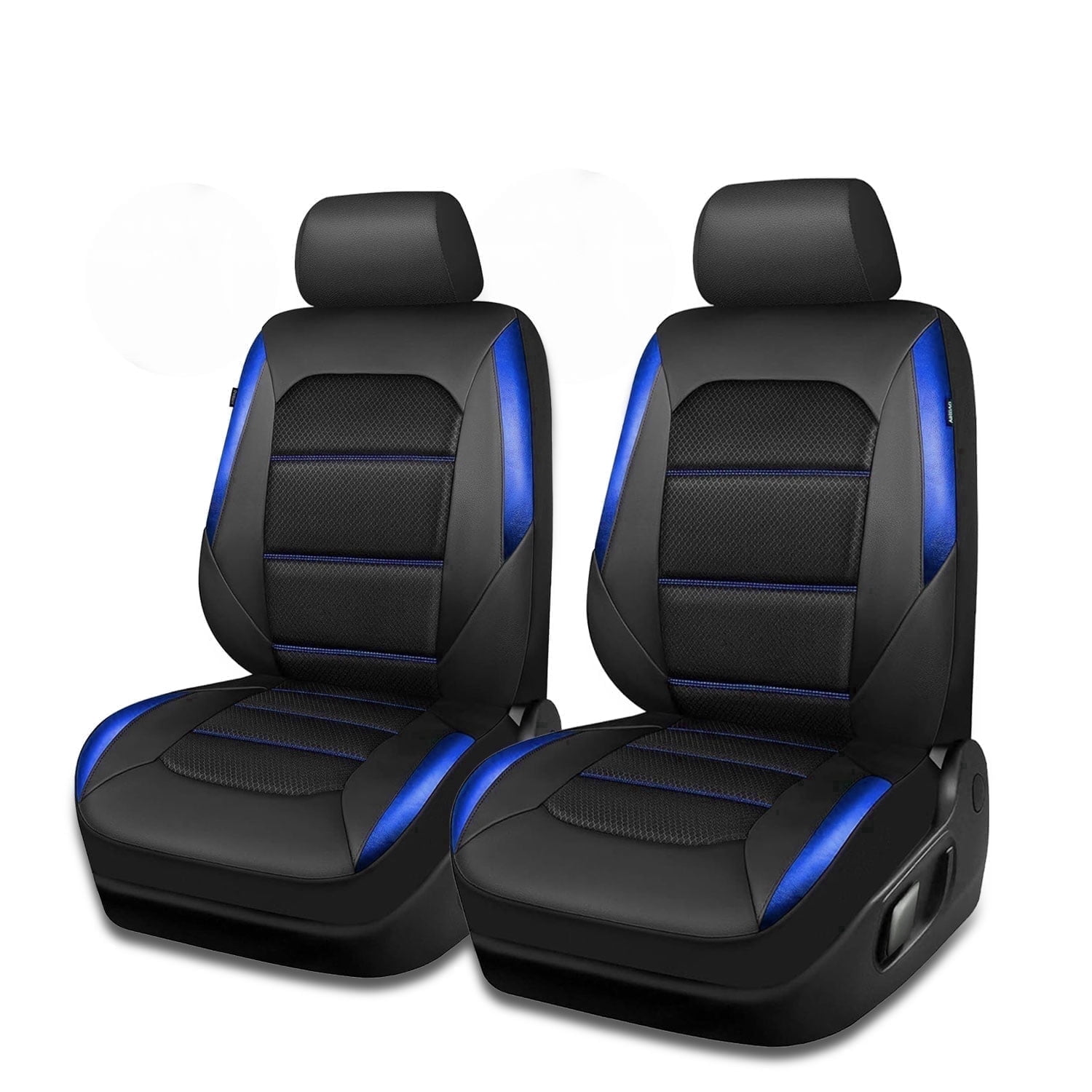 CAR GRAND Memory Foam Car Seat Covers, Leather Mesh Universal Fit Automotive Seat Protectors  Front Pair for Trucks SUV Sedan Metal Film Leather Armrest Airbag Compatible Comfortable  Black Blue