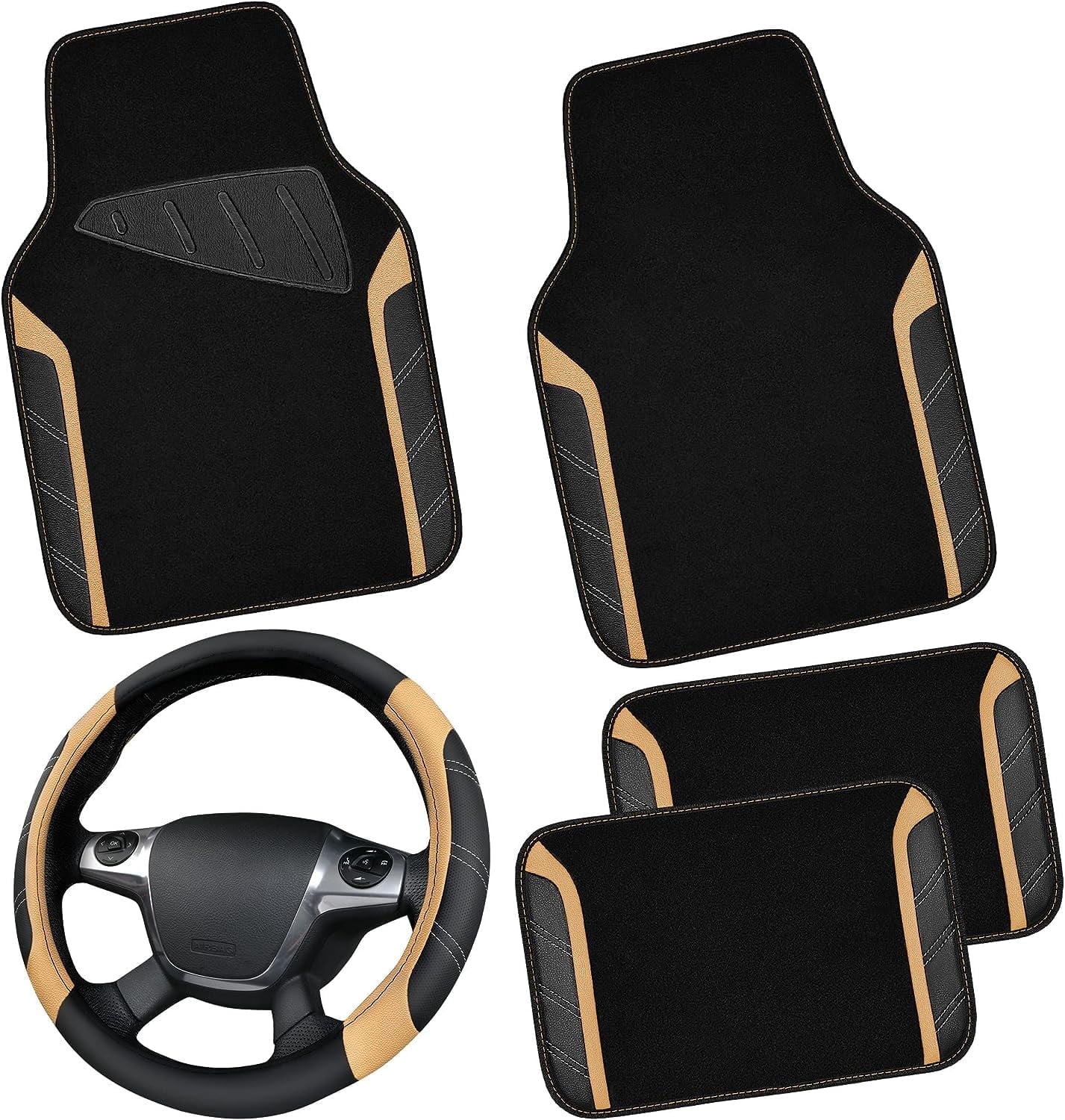 CAR GRAND Microfiber Steering Wheel Cover and Waterproof Car Floor Mats,Leather Universal Car Combo Fit for 95% Truck,SUV,Cars,14.5-15inch Sporty Anti-Slip Safety Comfortable Design(Black and Beige)