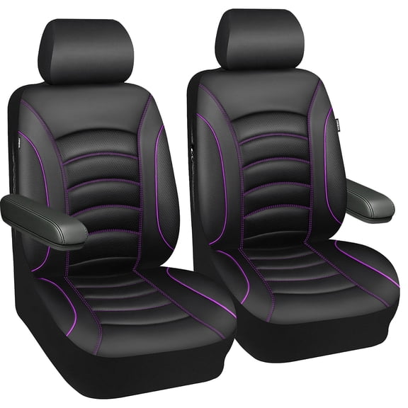 CAR GRAND PU Leather Car Seat Covers, Universal Fit Front Pair for Trucks SUV Sedan Automotive Seat Protectors Armrest Airbag Compatible Waterproof 3D Foam Comfortable Nappa Leather Purple Piping