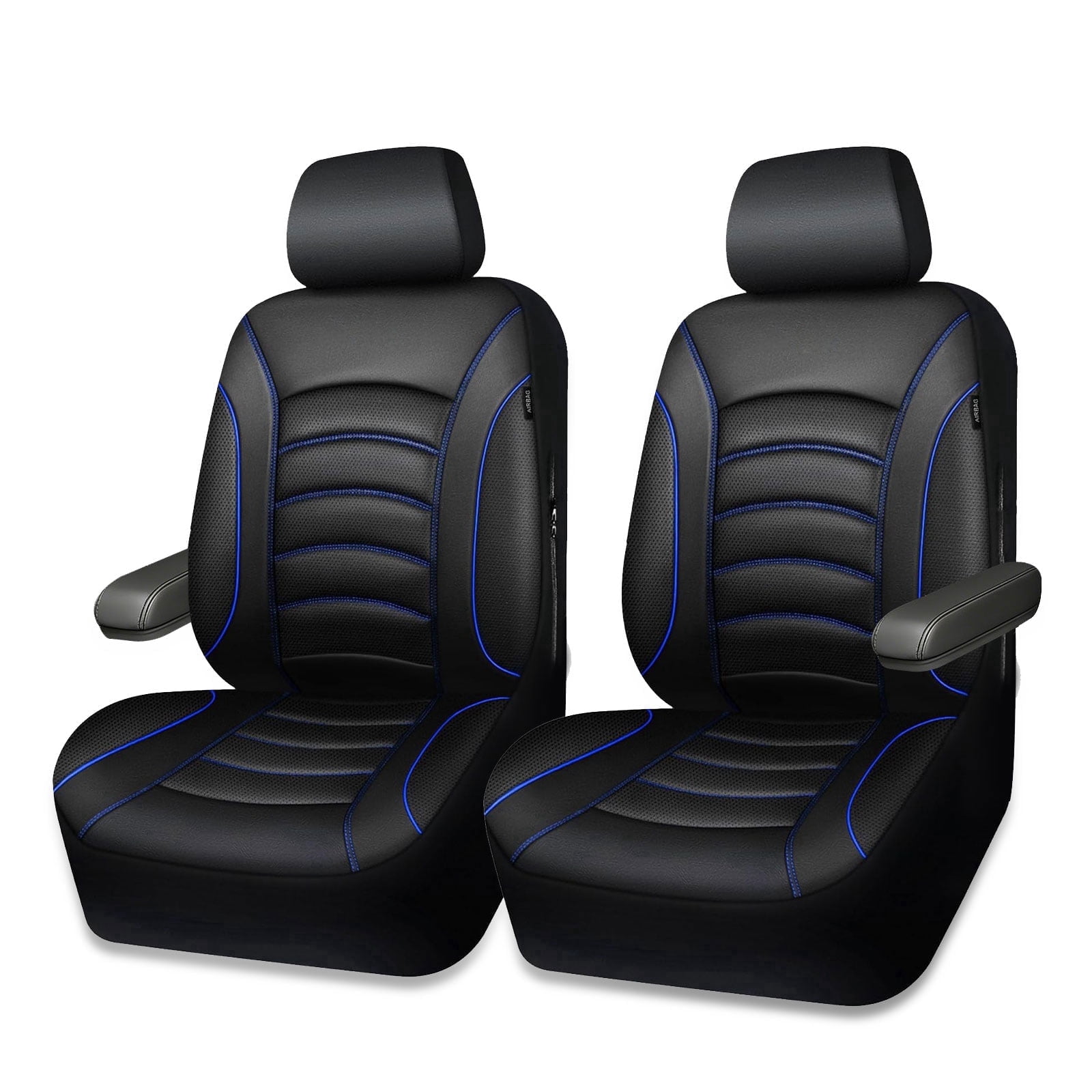 CAR GRAND PU Leather Car Seat Covers, Universal Fit Front Pair for Trucks SUV Sedan Automotive Seat Protectors Armrest Airbag Compatible Waterproof 3D Foam Comfortable Faux Nappa Leather Blue  Piping