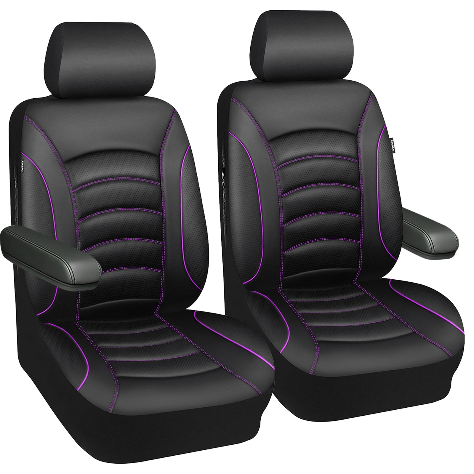 CAR GRAND PU Leather Car Seat Covers, Universal Fit Front Pair for Trucks SUV Sedan Automotive Seat Protectors Armrest Airbag Compatible Waterproof 3D Foam Comfortable Nappa Leather Purple Piping