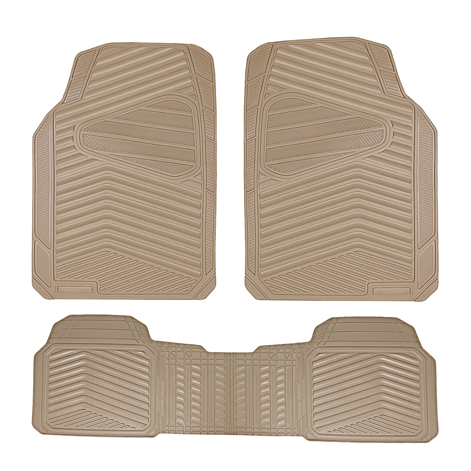 CAR GRAND Rubber Car Floor Mats, All Season All Weather Waterproof Automotive Mats Full Set 3 Pieces, Trim to Fit for Cars Sedans SUVs Trucks, Anti-Slip Easy Clean, All Beige