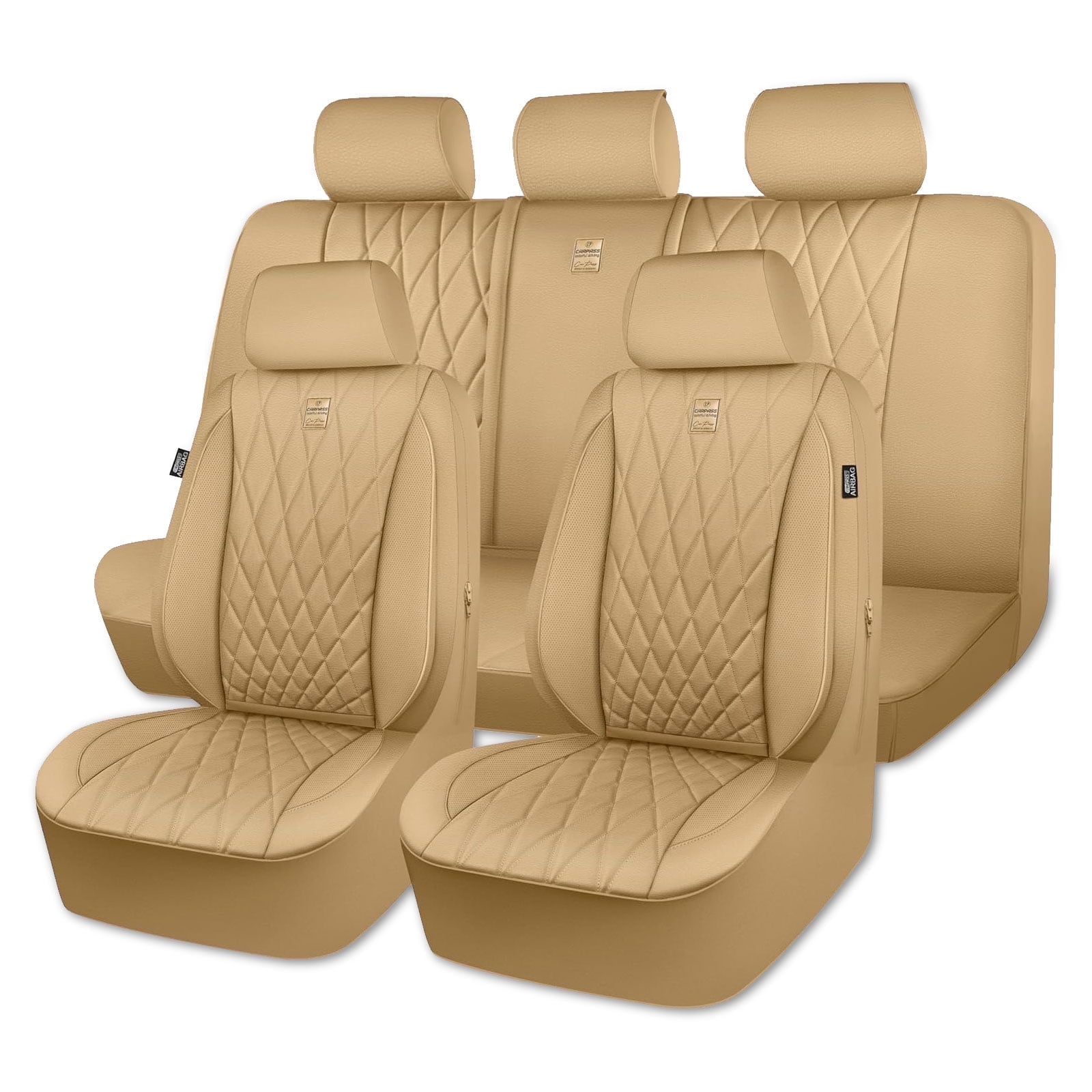 CAR GRAND Piping Luxury Faux PU leather Full Set Car Seat Covers Water Proof Armrest Airbag Compatible Universal Fit SUV VAN Truck All beige