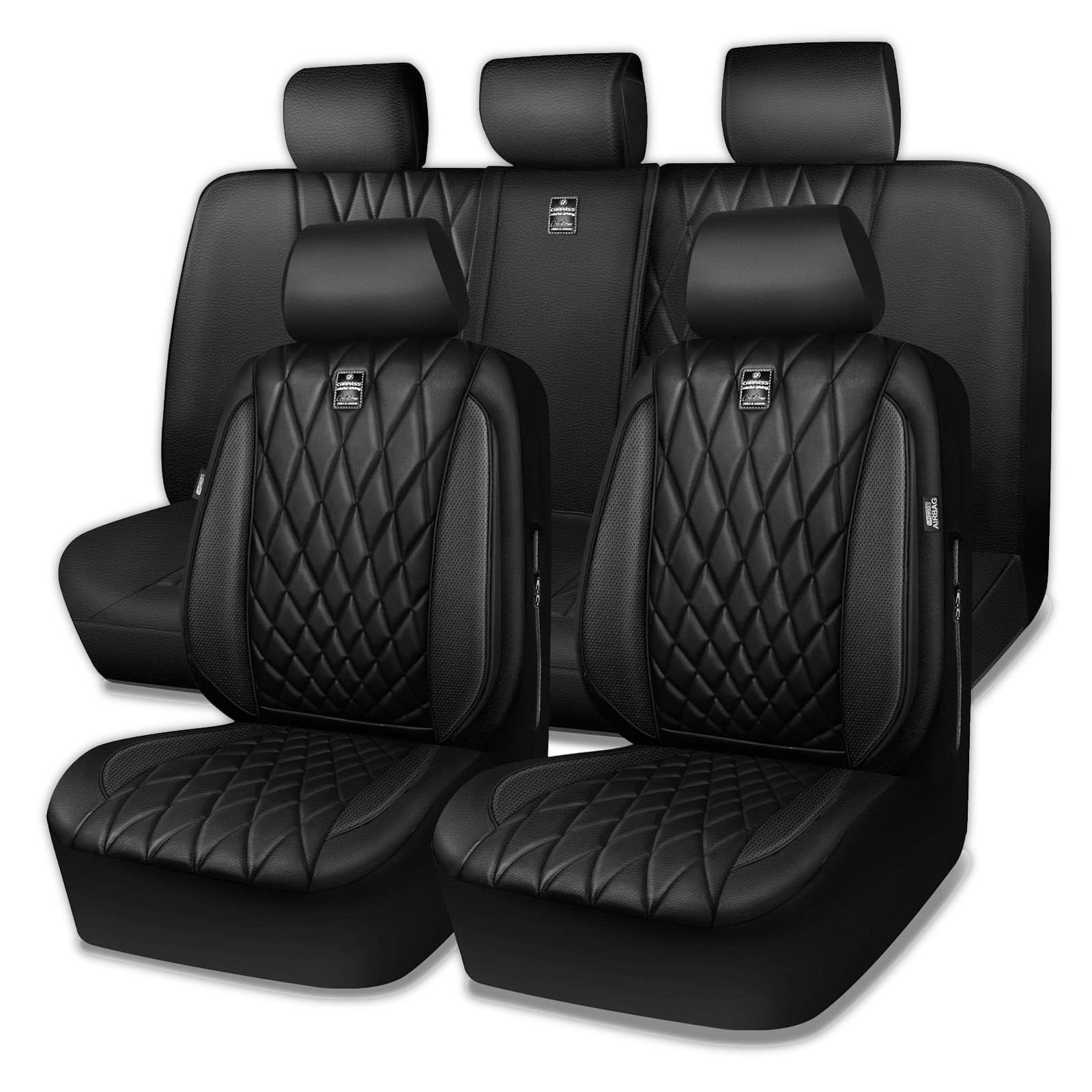 CAR GRAND piping luxury faux PU leathertwo front car seat covers water proof armrest compatible airbag compatible univrsal fit SUV VAN Truck All black