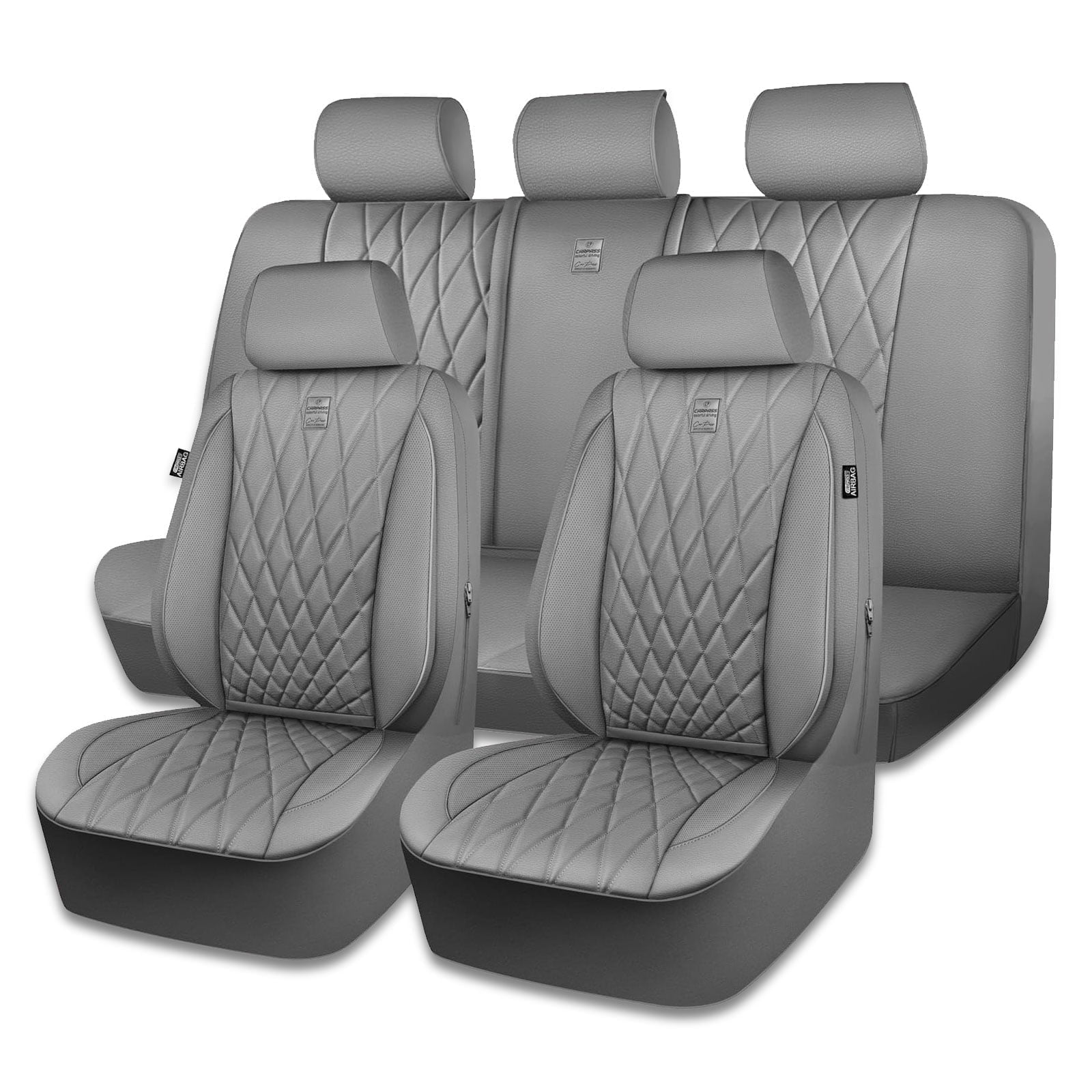 CAR GRAND Piping Luxury Faux PU leather Full Set Car Seat Covers Water Proof Armrest Airbag Compatible Universal Fit SUV VAN Truck All gray