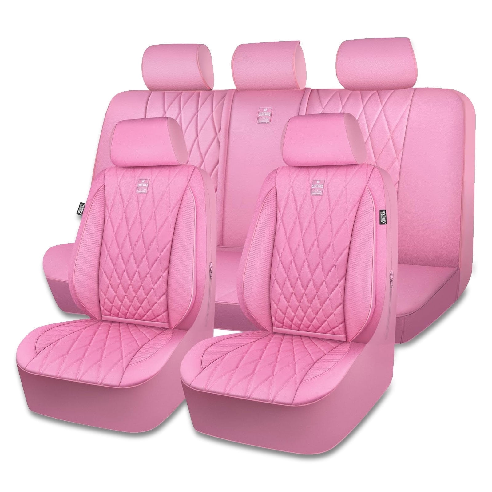 CAR GRAND Piping Luxury Faux PU leather Full Set Car Seat Covers Water Proof Armrest Airbag Compatible Universal Fit SUV VAN Truck All Pink
