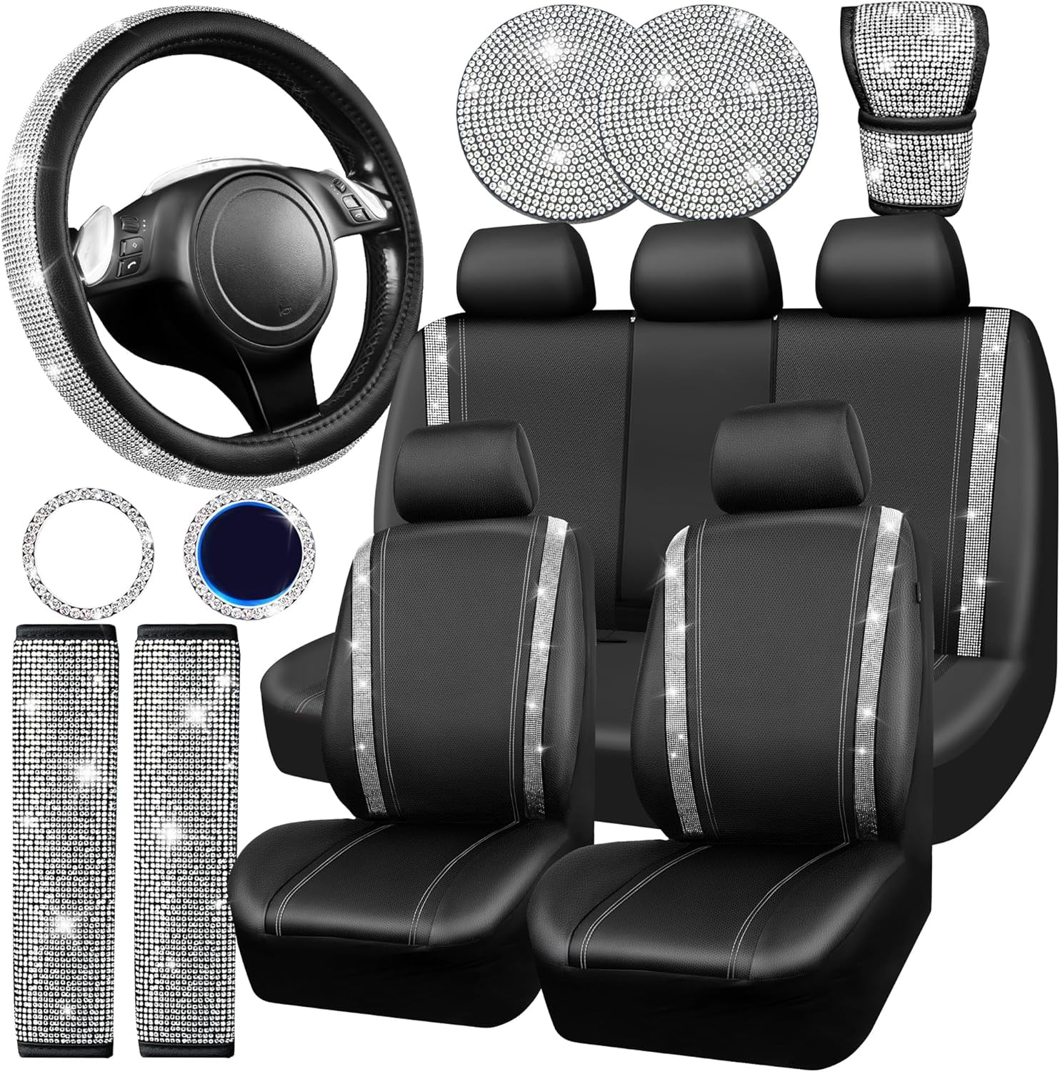 CAR PASS 11 PCS Bling Diamond Car Accessories for Women, Sparkly Rhinestone Steering Wheel Cover, Bling Seat Belt Cushion, Glitter Shift Knob Cover, Car Cup Holder Coaster, Cute Interior Sets Black