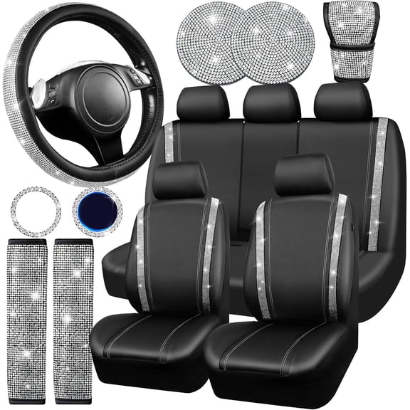 CAR PASS 11 PCS Bling Diamond Car Accessories for Women, Sparkly Rhinestone Steering Wheel Cover, Bling Seat Belt Cushion, Glitter Shift Knob Cover, Car Cup Holder Coaster, Cute Interior Sets Black